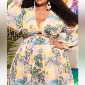 NWT L’atiste by Amy Dress Tropical Print Babydoll Chiffon Dress w Cutout Plus